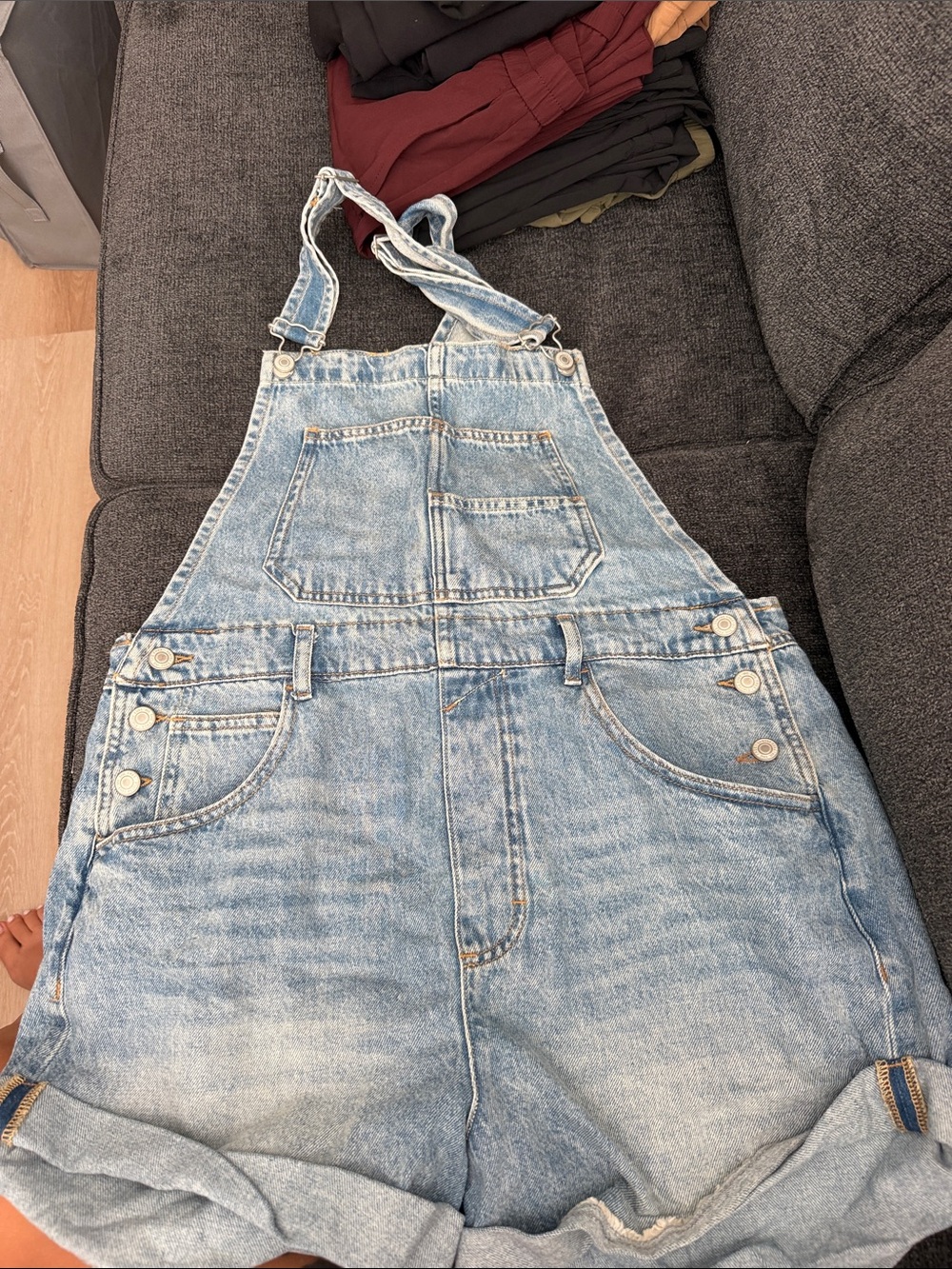 Free people We The Free Light Blue Denim Relaxed Short Overalls